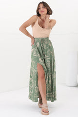 Hellen Maxi Skirt - High Waisted Skirt with Front Splits in Havanna Print Green