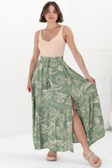 Hellen Maxi Skirt - High Waisted Skirt with Front Splits in Havanna Print Green