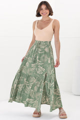 Hellen Maxi Skirt - High Waisted Skirt with Front Splits in Havanna Print Green