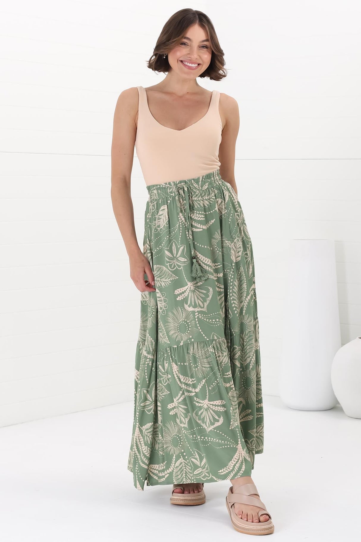 Hellen Maxi Skirt - High Waisted Skirt with Front Splits in Havanna Print Green