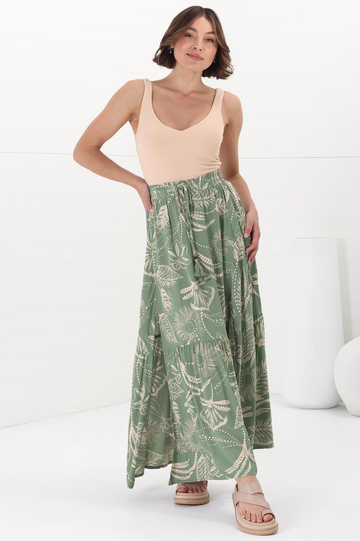 Hellen Maxi Skirt - High Waisted Skirt with Front Splits in Havanna Print Green