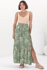 Hellen Maxi Skirt - High Waisted Skirt with Front Splits in Havanna Print Green