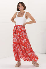 Hellen Maxi Skirt - High Waisted Skirt with Front Splits in Havanna Print Red