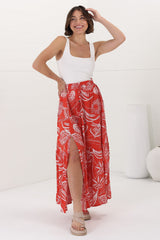 Hellen Maxi Skirt - High Waisted Skirt with Front Splits in Havanna Print Red