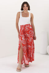 Hellen Maxi Skirt - High Waisted Skirt with Front Splits in Havanna Print Red