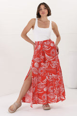 Hellen Maxi Skirt - High Waisted Skirt with Front Splits in Havanna Print Red