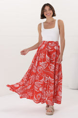 Hellen Maxi Skirt - High Waisted Skirt with Front Splits in Havanna Print Red