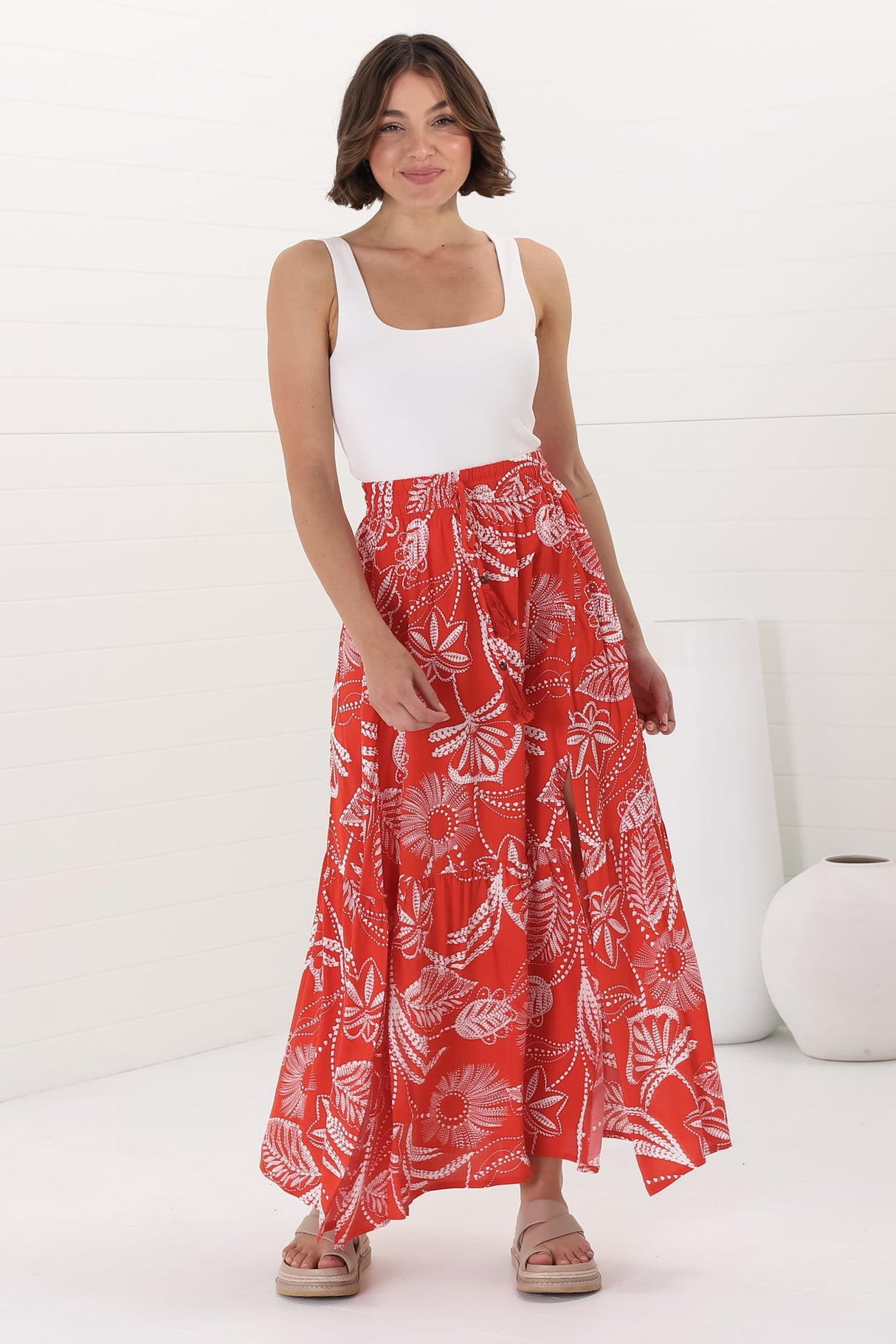 Hellen Maxi Skirt - High Waisted Skirt with Front Splits in Havanna Print Red