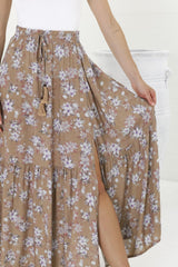 Hellen Maxi Skirt - High Waisted Skirt with Front Splits in Ishaka Print Beige