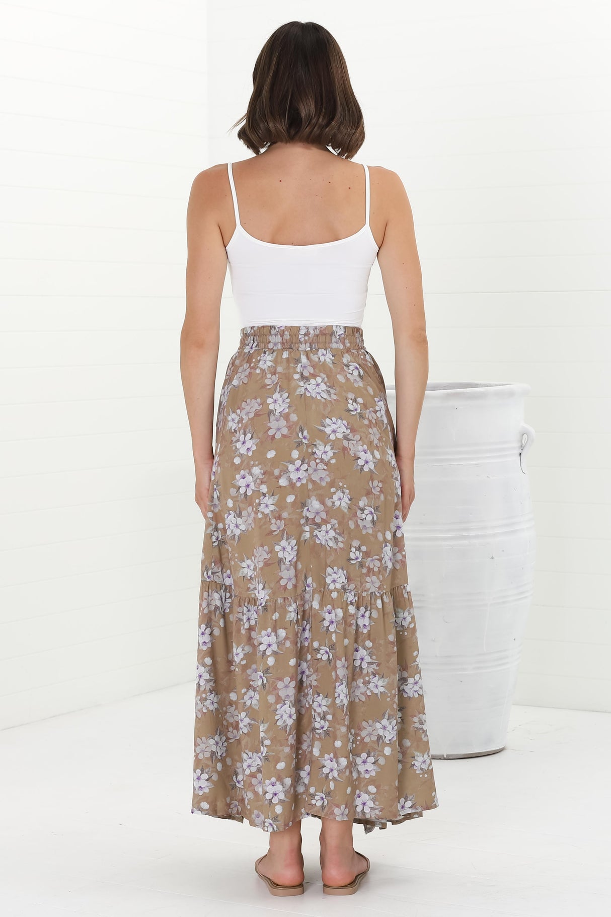 Hellen Maxi Skirt - High Waisted Skirt with Front Splits in Ishaka Print Beige