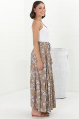 Hellen Maxi Skirt - High Waisted Skirt with Front Splits in Ishaka Print Beige