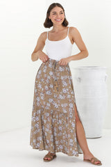 Hellen Maxi Skirt - High Waisted Skirt with Front Splits in Ishaka Print Beige