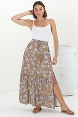 Hellen Maxi Skirt - High Waisted Skirt with Front Splits in Ishaka Print Beige