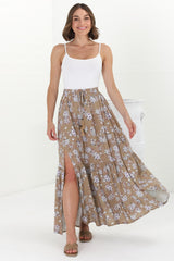 Hellen Maxi Skirt - High Waisted Skirt with Front Splits in Ishaka Print Beige