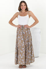 Hellen Maxi Skirt - High Waisted Skirt with Front Splits in Ishaka Print Beige