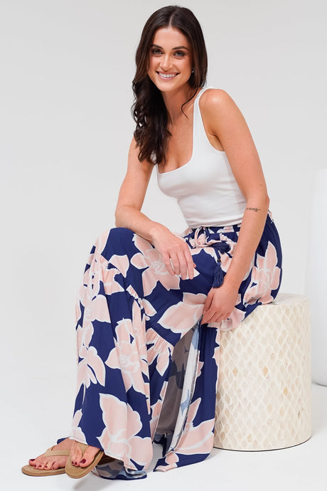 Hellen Maxi Skirt - High Waisted Skirt with Front Splits in Jetson Print Navy