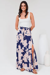 Hellen Maxi Skirt - High Waisted Skirt with Front Splits in Jetson Print Navy