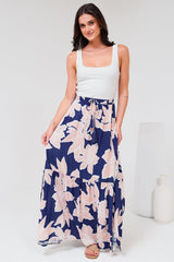Hellen Maxi Skirt - High Waisted Skirt with Front Splits in Jetson Print Navy