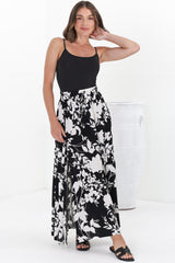 Hellen Maxi Skirt - High Waisted Skirt with Front Splits in Kacia Print Black