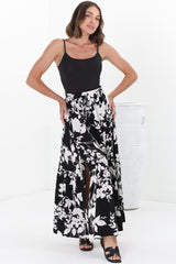 Hellen Maxi Skirt - High Waisted Skirt with Front Splits in Kacia Print Black