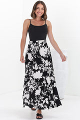 Hellen Maxi Skirt - High Waisted Skirt with Front Splits in Kacia Print Black