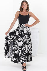 Hellen Maxi Skirt - High Waisted Skirt with Front Splits in Kacia Print Black