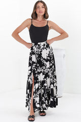 Hellen Maxi Skirt - High Waisted Skirt with Front Splits in Kacia Print Black