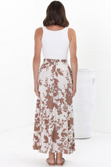 Hellen Maxi Skirt - High Waisted Skirt with Front Splits in Kacia Print Brown