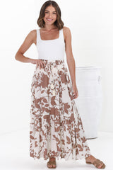 Hellen Maxi Skirt - High Waisted Skirt with Front Splits in Kacia Print Brown