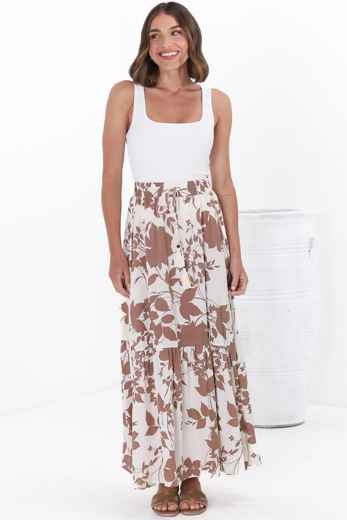 Hellen Maxi Skirt - High Waisted Skirt with Front Splits in Kacia Print Brown