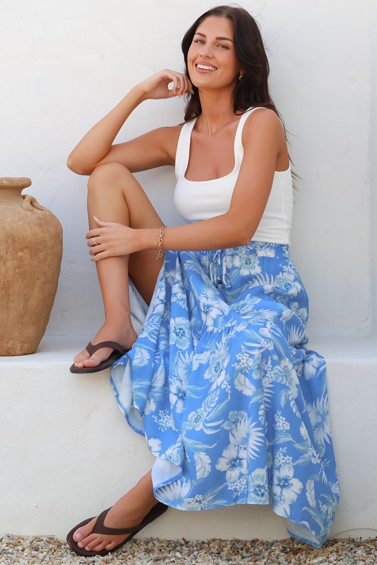Hellen Maxi Skirt - High Waisted Skirt with Front Splits in Kawani Print Blue