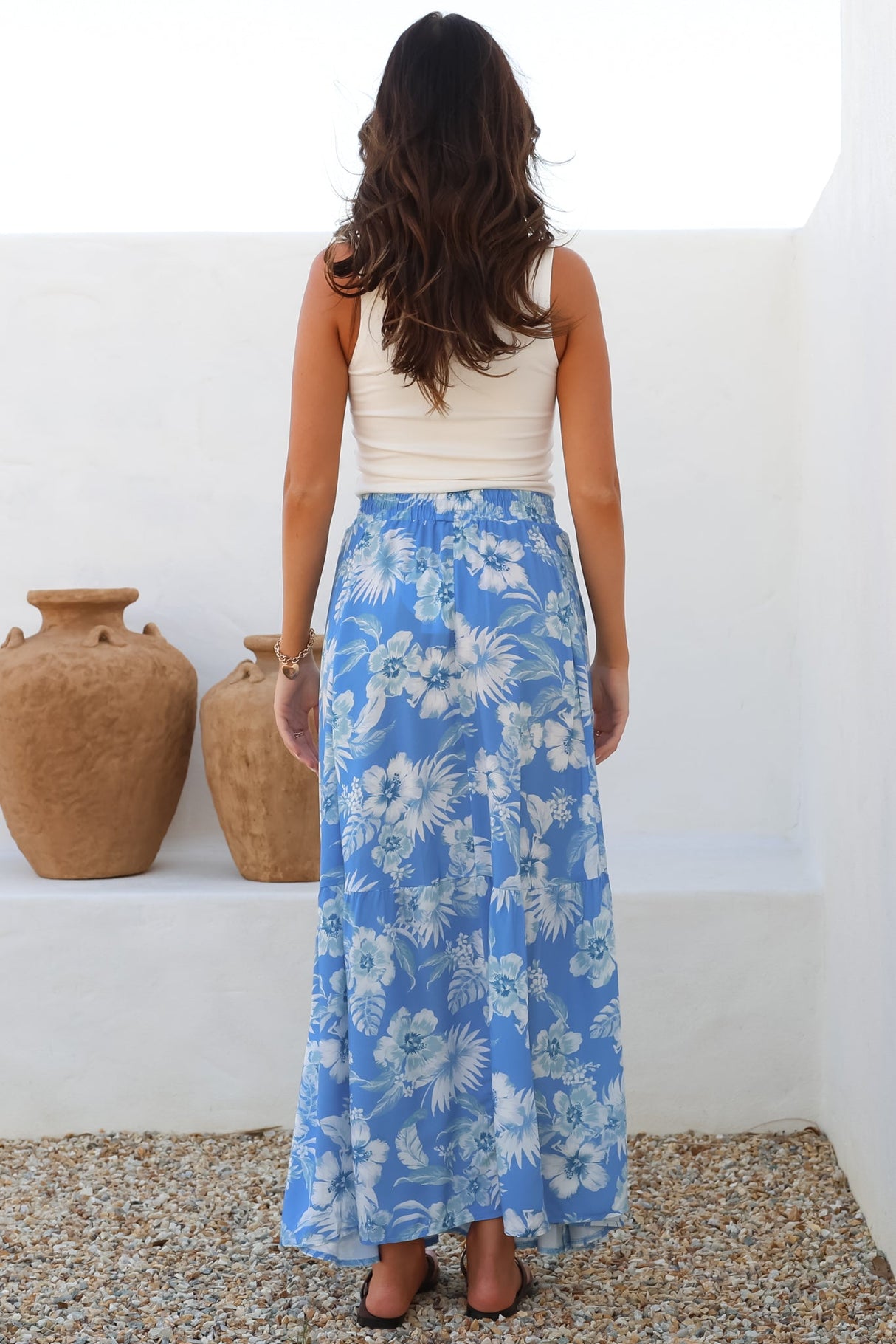 Hellen Maxi Skirt - High Waisted Skirt with Front Splits in Kawani Print Blue