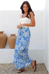 Hellen Maxi Skirt - High Waisted Skirt with Front Splits in Kawani Print Blue