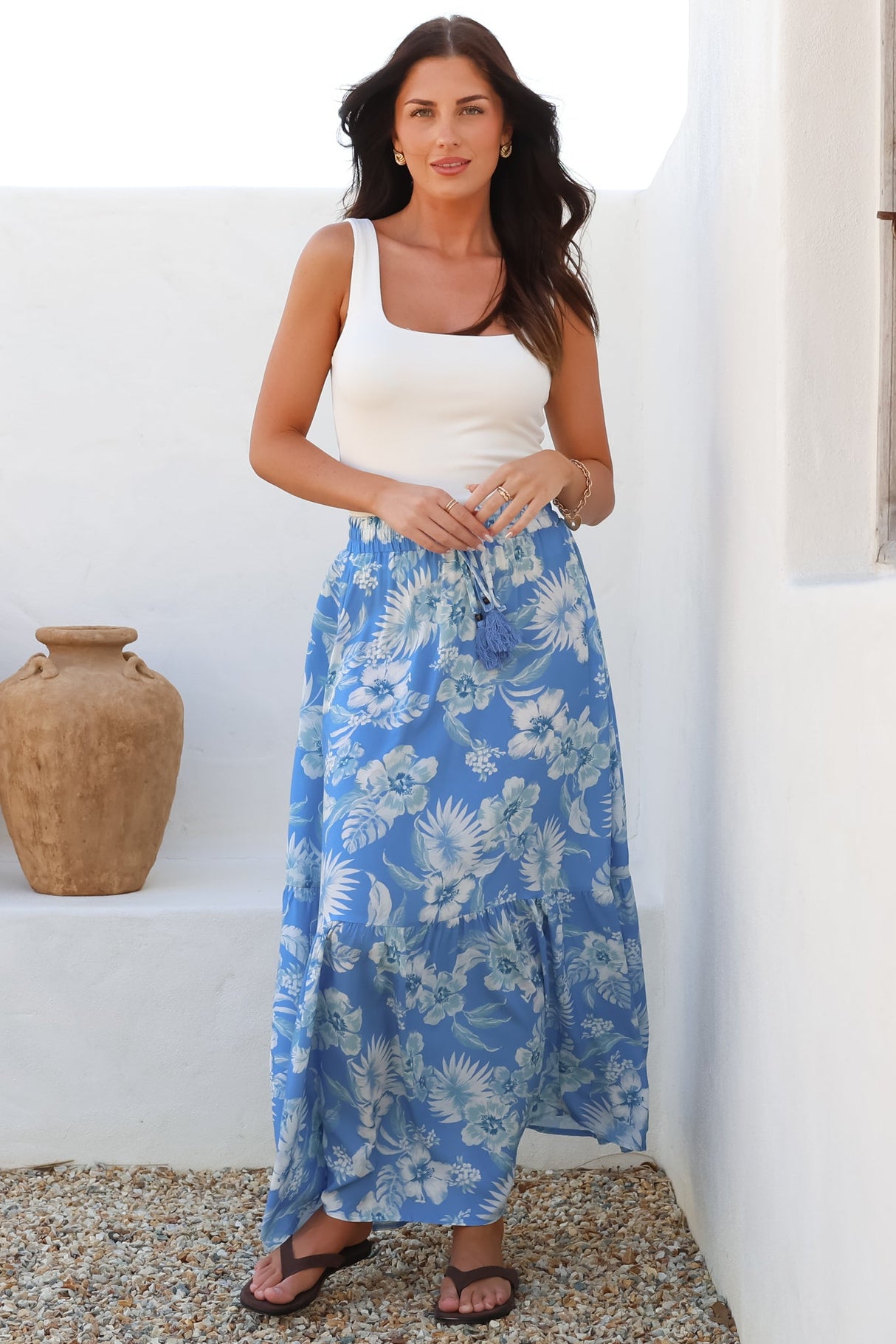 Hellen Maxi Skirt - High Waisted Skirt with Front Splits in Kawani Print Blue