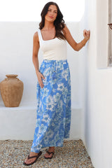 Hellen Maxi Skirt - High Waisted Skirt with Front Splits in Kawani Print Blue
