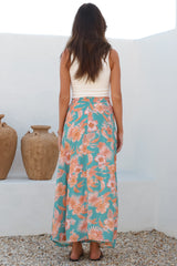 Hellen Maxi Skirt - High Waisted Skirt with Front Splits in Kawani Print Green
