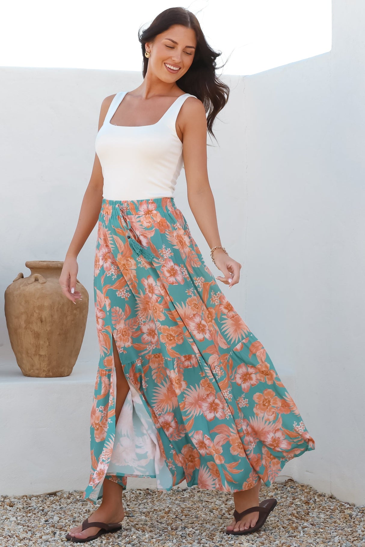 Hellen Maxi Skirt - High Waisted Skirt with Front Splits in Kawani Print Green