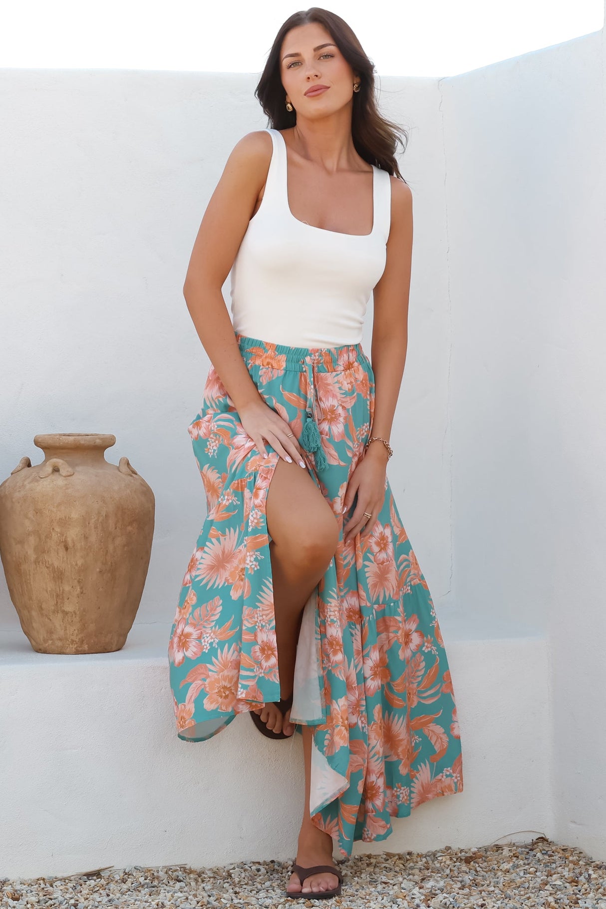 Hellen Maxi Skirt - High Waisted Skirt with Front Splits in Kawani Print Green