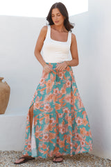 Hellen Maxi Skirt - High Waisted Skirt with Front Splits in Kawani Print Green