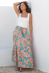 Hellen Maxi Skirt - High Waisted Skirt with Front Splits in Kawani Print Green