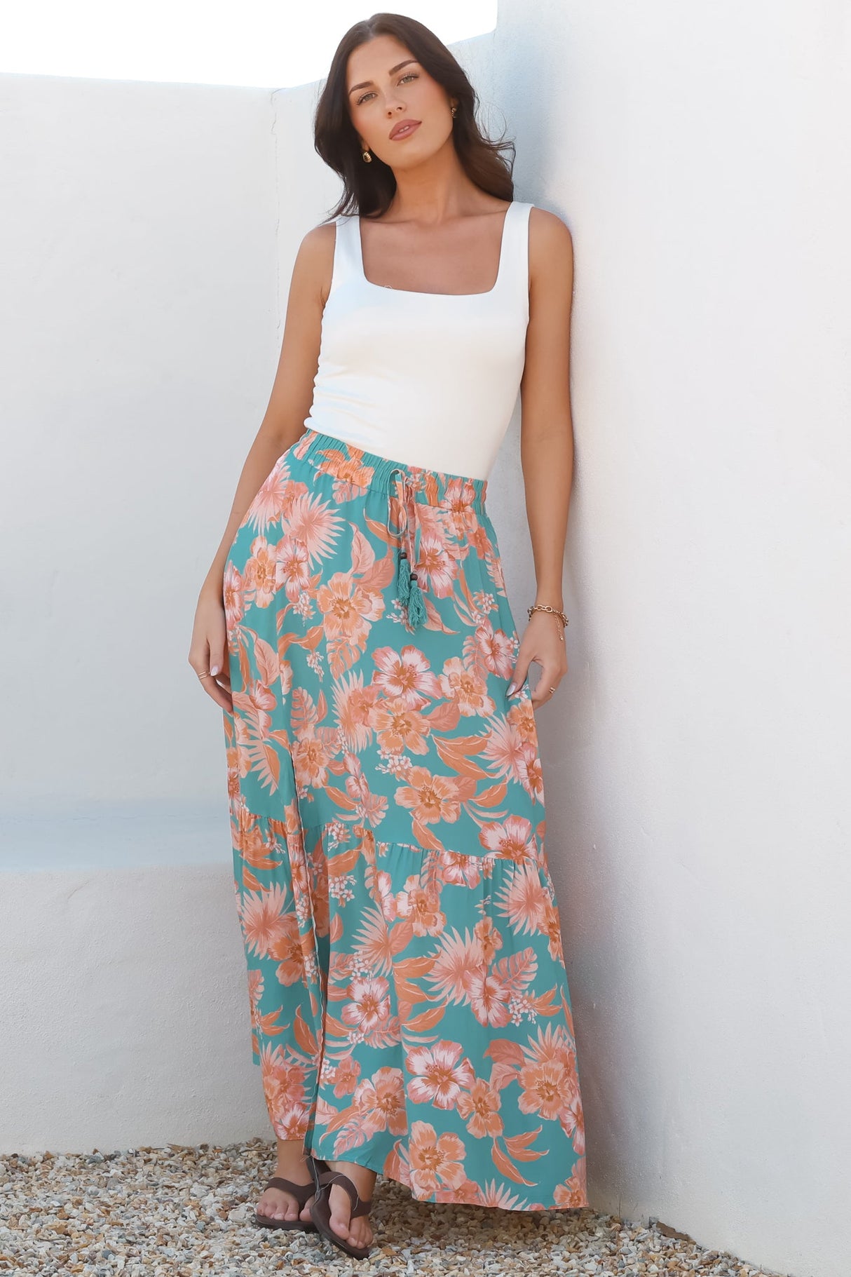 Hellen Maxi Skirt - High Waisted Skirt with Front Splits in Kawani Print Green