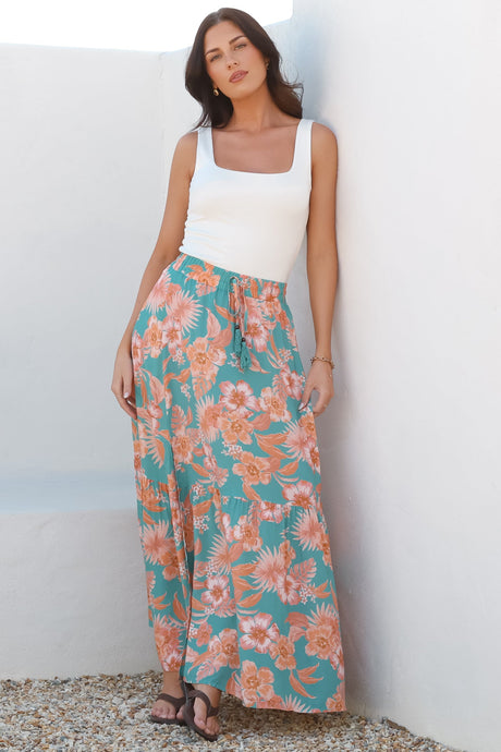 Hellen Maxi Skirt - High Waisted Skirt with Front Splits in Kawani Print Green