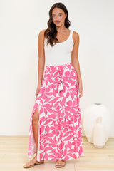 Hellen Maxi Skirt - High Waisted Skirt with Front Splits in Keira Print Pink