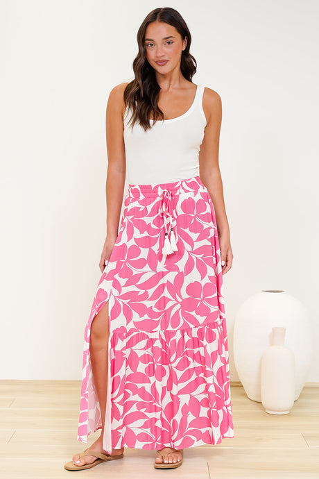 Hellen Maxi Skirt - High Waisted Skirt with Front Splits in Keira Print Pink