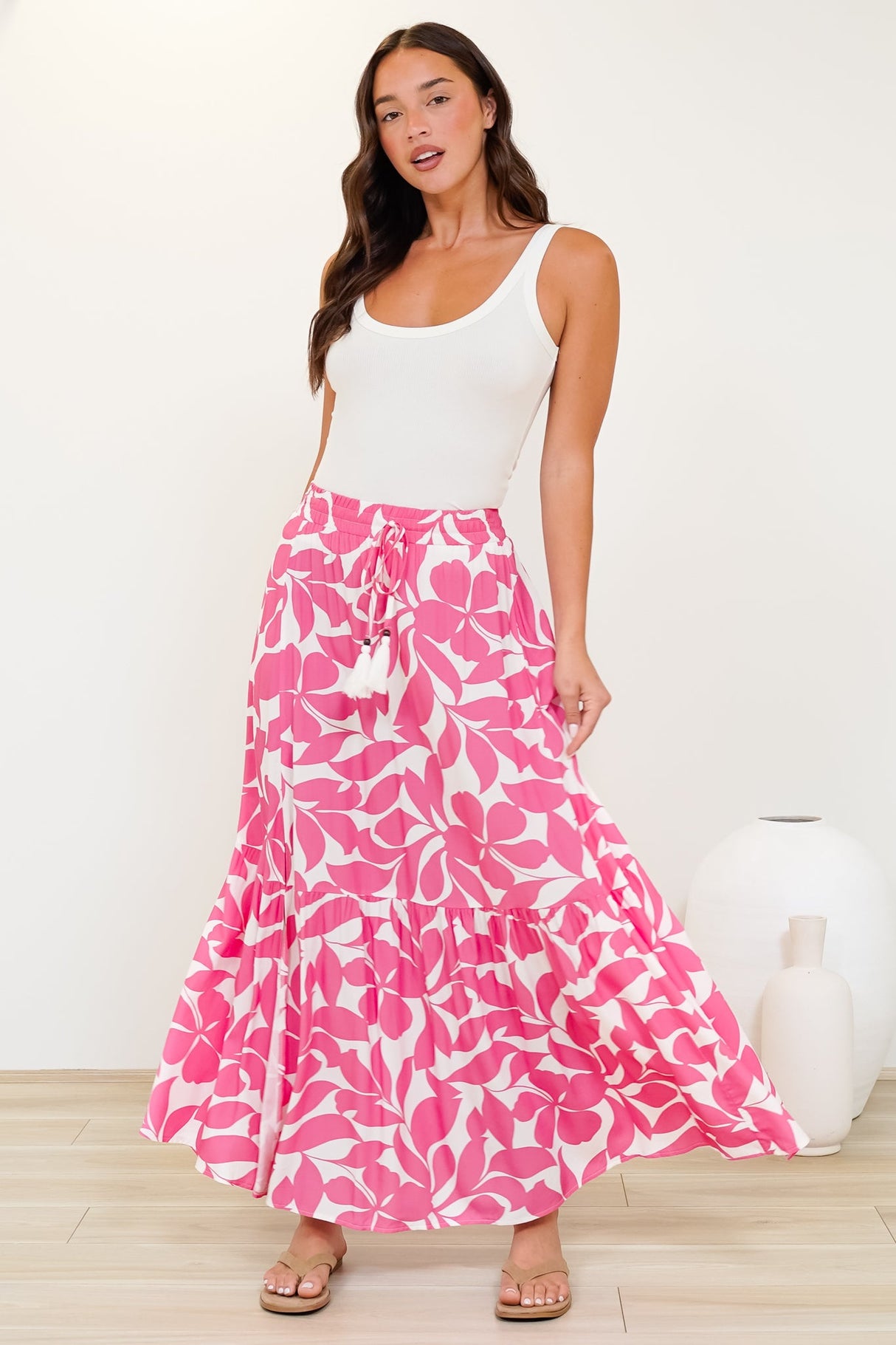 Hellen Maxi Skirt - High Waisted Skirt with Front Splits in Keira Print Pink