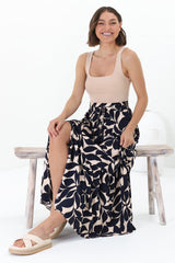 Hellen Maxi Skirt - High Waisted Skirt with Front Splits in Kiera Print Navy