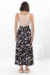 Hellen Maxi Skirt - High Waisted Skirt with Front Splits in Kiera Print Navy