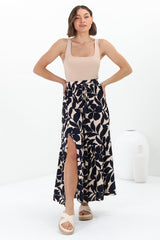 Hellen Maxi Skirt - High Waisted Skirt with Front Splits in Kiera Print Navy