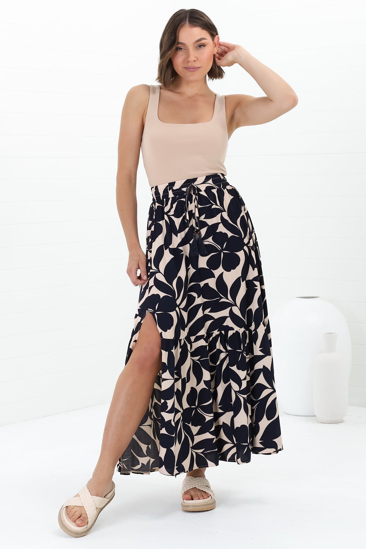 Hellen Maxi Skirt - High Waisted Skirt with Front Splits in Kiera Print Navy