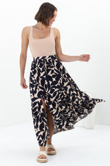 Hellen Maxi Skirt - High Waisted Skirt with Front Splits in Kiera Print Navy